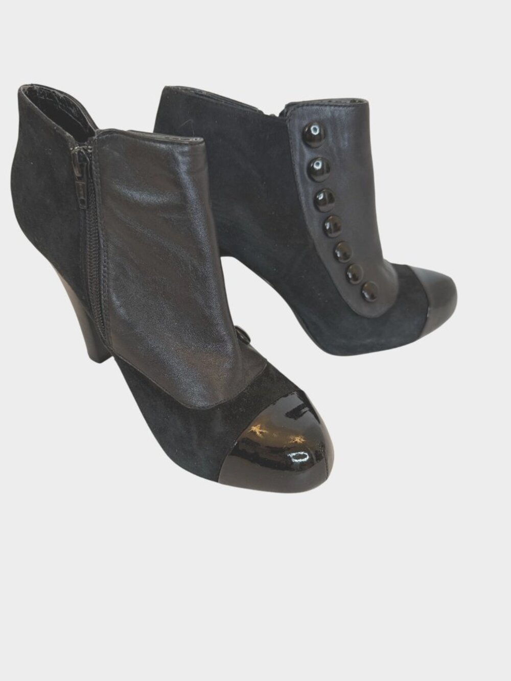 Gianni Bini Black Leather Suede Ankle Booties Patent Toe Heels Size 8 Steampunk